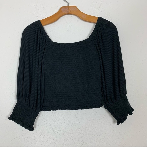 Anthropologie Black Smocked Puff Sleeve Top Sz Extra Small Petite - Picture 6 of 8
